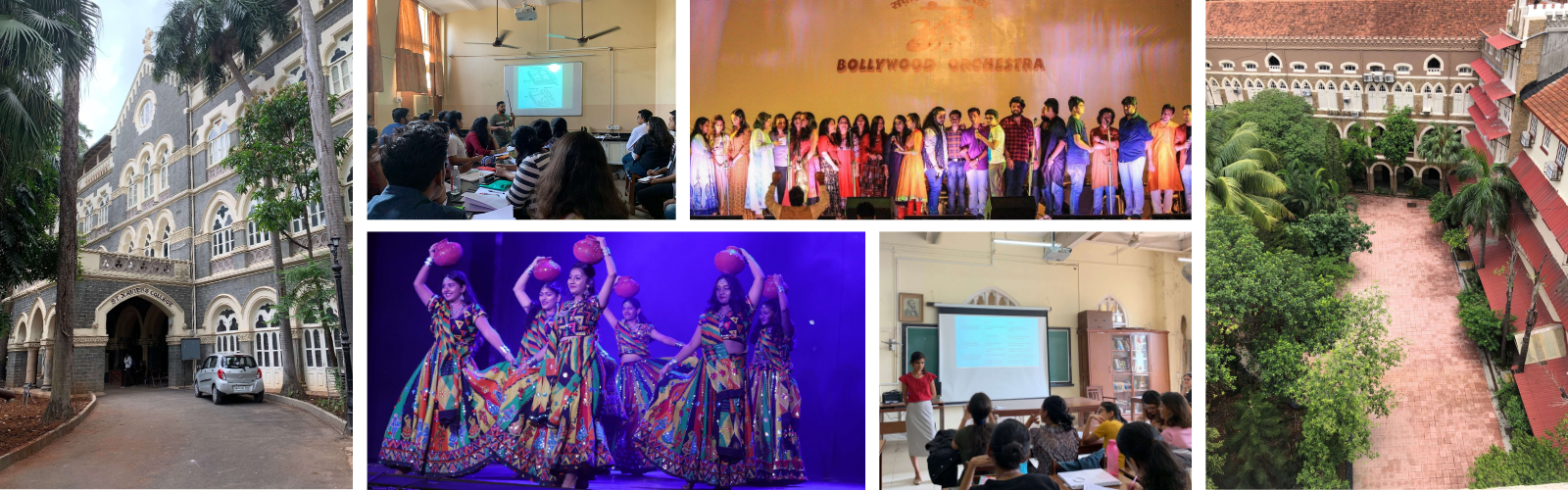 Six images depict life at St. Xavier College: building exteriors, two classrooms with Indian students and a professor at the front with a presentation, a traditional dance festival, a Bollywood orchestra on a stage, and a courtyard with lush greenery.